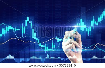 Invest And Trade Concept. Hand Drawng Creative Glowing Forex Chart. Double Exposure