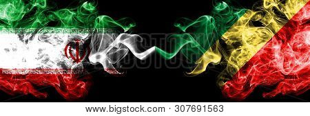 Iran Vs Congo, Congolese Smoky Mystic States Flags Placed Side By Side. Thick Colored Silky Smokes F
