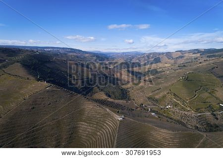 Aerial View Of The Terraced Vineyards In The Douro Valley Near The Village Of Pinhao, Portugal; Conc