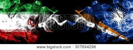 Iran Vs Marshall Islands Smoky Mystic States Flags Placed Side By Side. Thick Colored Silky Smokes F