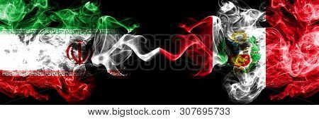 Iran Vs Peru, Peruan Smoky Mystic States Flags Placed Side By Side. Thick Colored Silky Smokes Flag 