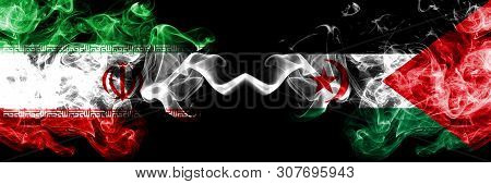 Iran Vs Sahrawi Smoky Mystic States Flags Placed Side By Side. Thick Colored Silky Smokes Flag Combi