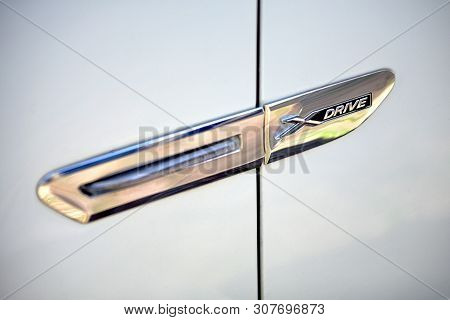 Grodno, Belarus, May 16, 2013: Modern Luxury Bmw 750li Xdrive  Xdrive Metal Logo Selective Focus Clo