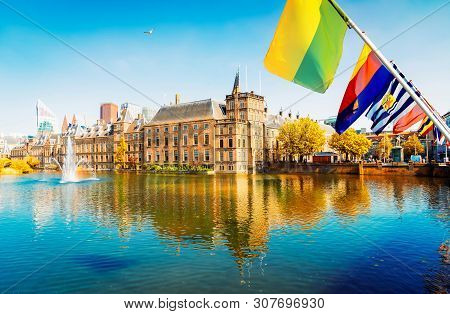 Binnenhof - Dutch Parliament With Netherlands Flags, The Hague, Holland At Fall