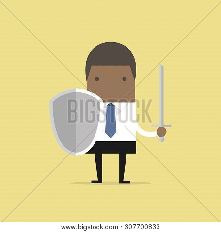 African Businessman Warrior With Shield And Sword.