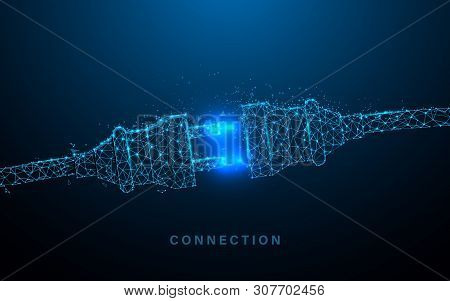 Electric Socket With A Plug. Connection And Disconnection Concept. Lines, Triangles And Particle Sty