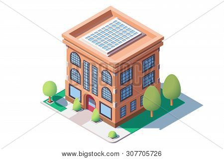 City Mid Rise Building Vector Illustration. Solar Panels Provide Modern High-tech House With Energy 