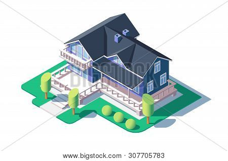 Modern Private House Vector Illustration. Building With Beautiful Garden Trees And Bushes. Luxurious