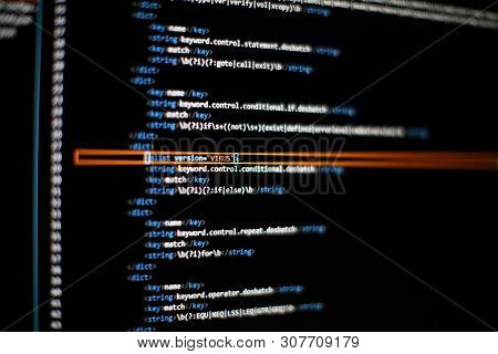 Programmer Developer Screen, Web App Coding. Script On Computer. Modern Display Of Data Source Code.