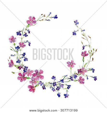 Watercolor Wreath Of Wild Carnations And Lobelia On A White Background. For Congratulations, Invitat