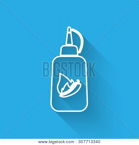 White Ketchup Bottle Line Icon Isolated With Long Shadow. Fire Flame Icon. Hot Chili Pepper Pod Sign