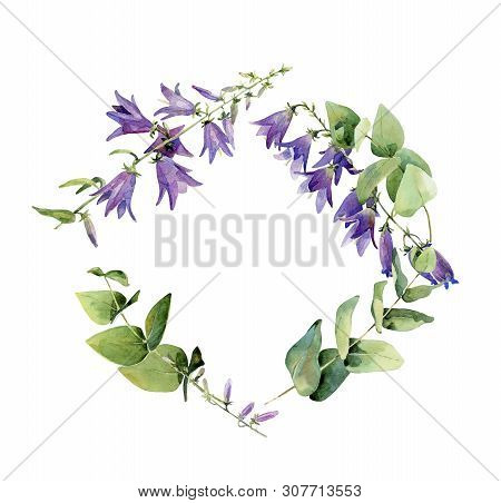 Frame Of Wild Watercolor Flowers Of Bluebell On A White Background. For Greetings, Invitations, Wedd