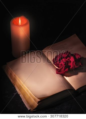 A Wilted Red Rose, Shot Close-up, Lies On The Pages Of An Open Book, Next To A Candle Burns. Blank P