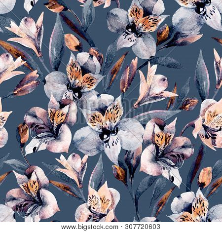 Moody Watercolor Alstroemeria Flowers Seamless Pattern. Beautifull Botanical Flowers, Leaves, Buds O