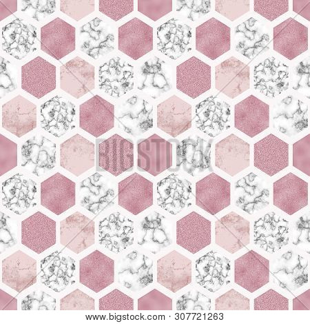 Hexagon Seamless Pattern With Digital Marble Paper, Rose Gold Foil, Pastel Grunge Texture. Geometric