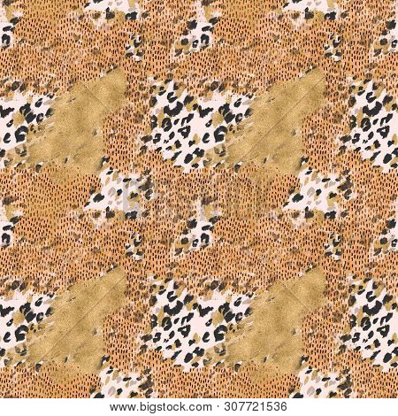 Abstract Seamless Pattern: Watercolor Rough Brush Strokes, Grunge, Shiny Gold Foil Textures, Animal 