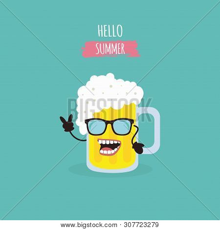 Summer Poster Design With Beer Glass Characters. Kawaii Cute Happy Beer And Hello Summer Text. Vecto