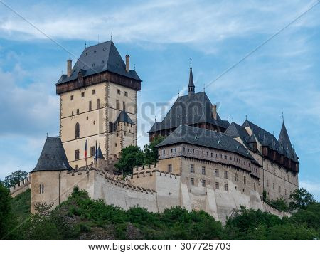 Gothic Karlstejn Castle In Bohemia Czech Republic, A Medieval Fortress Buildt By Charles Iv In Centr