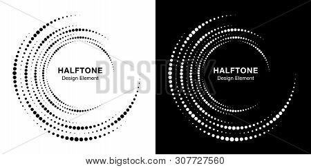 Set Of Halftone Vortex Circle Frame Dots Logo Isolated On Background. Circular Swirl Design Element 