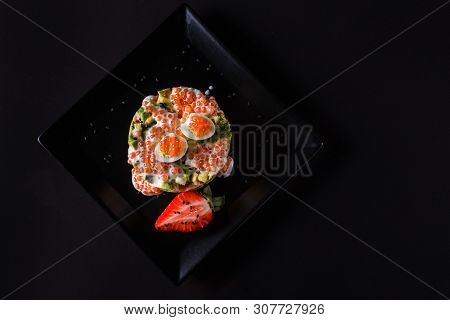 Round Salad Made Of Red Fish Potato And Avocado
