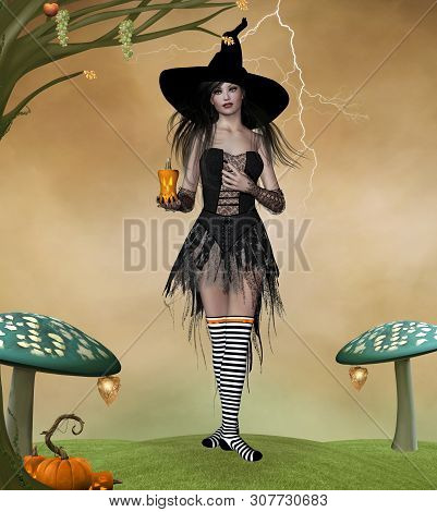 Young Witch With A Pumpkin Lantern In Her Hands In An Autumnal Landscape - 3d Illustration
