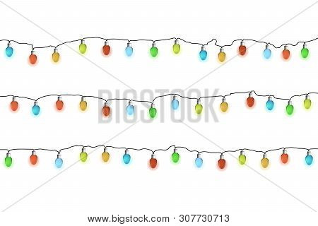 Lights Bulbs On White Background. Glowing Multicolor Christmas Garlands String. Vector Illustrayion.