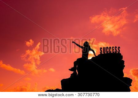Success And Failure Concept. Silhouette Sporty Woman On The Cliff. With Copy Space On Skyfor Text