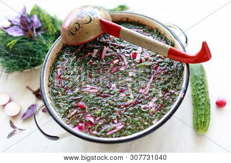 Okroshka -russian Traditional Summer Cold Soup With Kvass, Meat, Vegetables, Egg