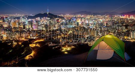 Camping On Inwangsan Hill With Night Cityscape Of Seoul City Background, Seoul, South Korea
