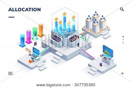 Banking Exchange Rate Or Payment Distribution Banner. Isometric Sign For Money Allocation. Computer 