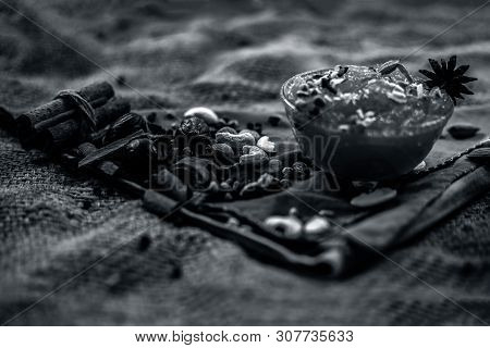 Famous Mango Preservation I.e. Murba Or Murabba In A Glass Bowl On Jute Bags Surface Along With Dry