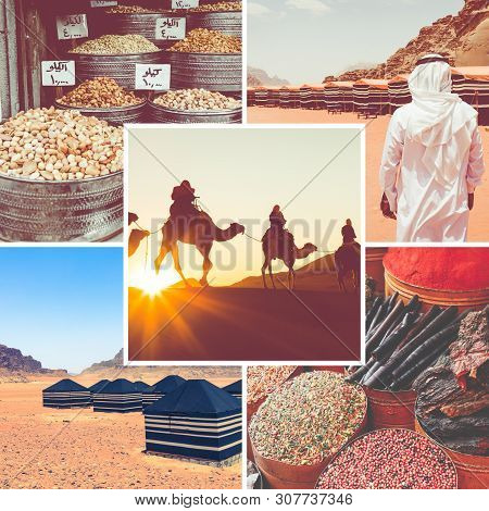 Collage Of Wadi Rum Desert - Red Desert ( Jordan ) - Travel Background (my Photos).