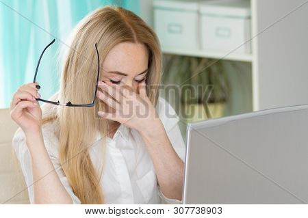Tired Young Woman Student Feeling Eye Strain Bad Blurry Vision Rubbing Dry Irritated Eyes Taking Off