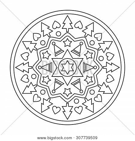 Christian Mandala Vector. Christmas Coloring Line Design In Black And White Color.