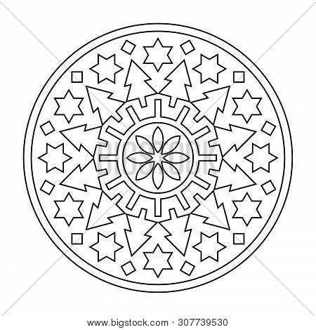 Christian Mandala Vector. Christmas Coloring Line Design In Black And White Color.