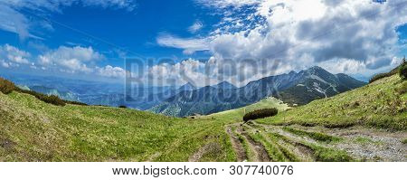 Panoramic View From Big Krivan, Little Fatra, Slovak Republic. Hiking Theme. Seasonal Natural Scene.