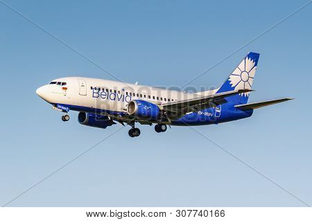Moscow, Russia - June 20, 2019: Aircraft Boeing 737-524 Ew-253pa Of Belavia Airline Landing At Domod