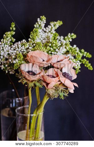 Bouquet Of Flowers On A Leg In The Interior Of The Restaurant For A Celebration Shop Floristry Or We