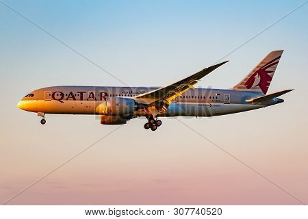 Moscow, Russia - June 20, 2019: Aircraft Boeing 787-8 Dreamliner A7-bcu Of Qatar Airways Landing At 