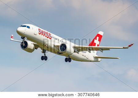 Moscow, Russia - June 21, 2019: Aircraft Bombardier Cseries Cs300 Hb-jck Of Swiss Airline Landing At