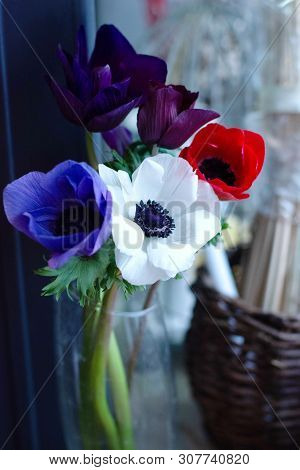 Bouquet Of Flowers On A Leg In The Interior Of The Restaurant For A Celebration Shop Floristry Or We