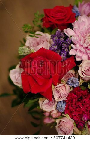 Bouquet Of Flowers On A Leg In The Interior Of The Restaurant For A Celebration Shop Floristry Or We