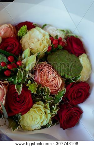 Bouquet Of Flowers On A Leg In The Interior Of The Restaurant For A Celebration Shop Floristry Or We