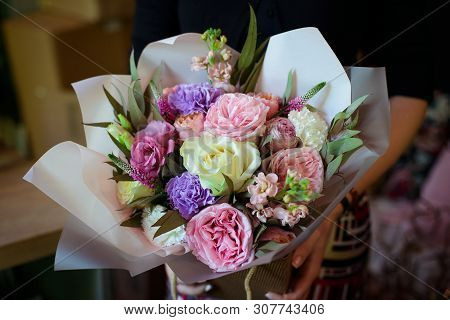 Bouquet Of Flowers On A Leg In The Interior Of The Restaurant For A Celebration Shop Floristry Or We