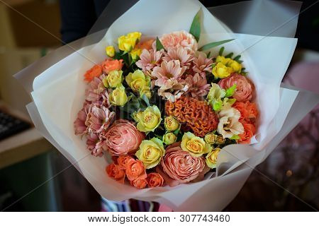 Bouquet Of Flowers On A Leg In The Interior Of The Restaurant For A Celebration Shop Floristry Or We