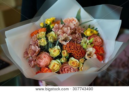 Bouquet Of Flowers On A Leg In The Interior Of The Restaurant For A Celebration Shop Floristry Or We