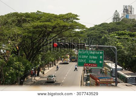 Bangalore, Karnataka India-june 04 2019 :aerial View Of Bengaluru City Traffic Signal In Red Near To