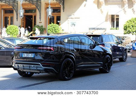 Monte-carlo, Monaco - June 21, 2019: Beautiful Black Lamborghini Urus Suv (rear View) Parked In Fron