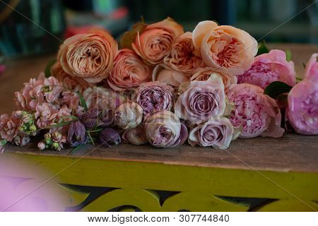 Bouquet Of Flowers On A Leg In The Interior Of The Restaurant For A Celebration Shop Floristry Or We