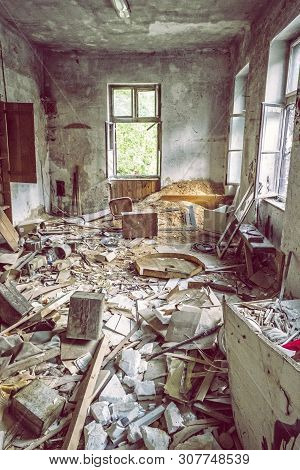 Interior Of Abandoned House In Korytnica Spa, Slovak Republic. Urbex Style.